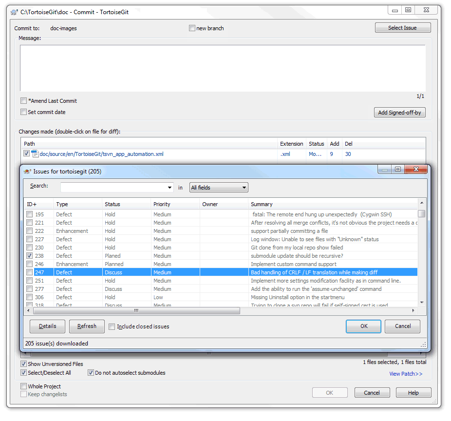 Example issue tracker query dialog