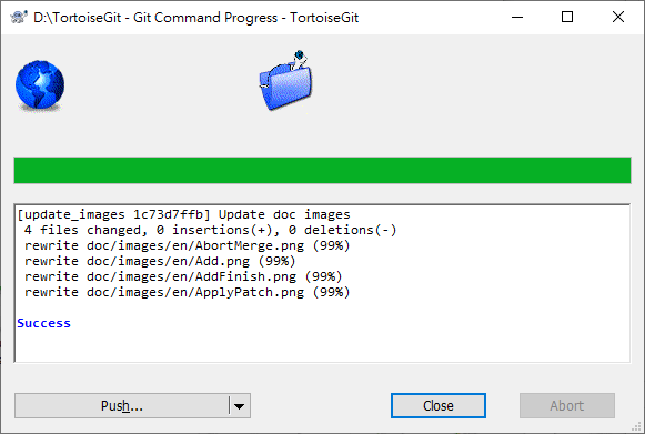 The Progress dialog showing a commit in progress